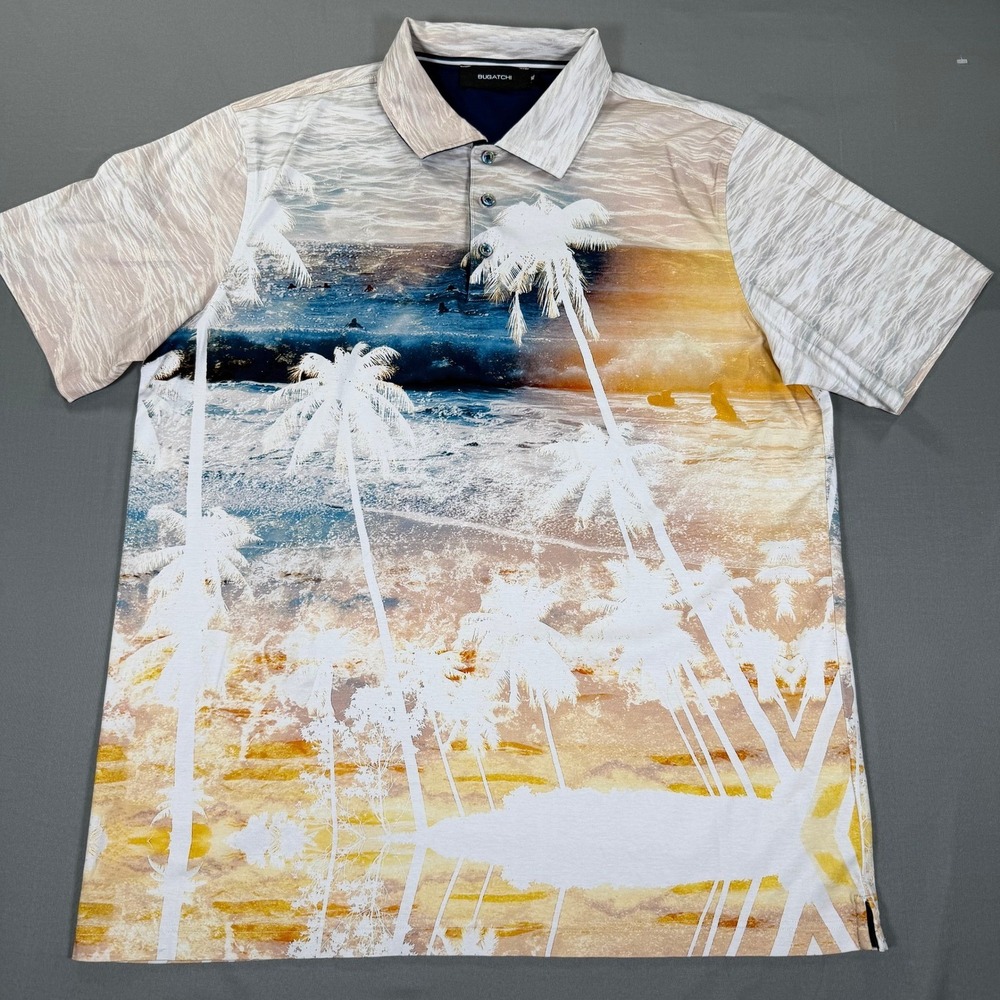 Bugatchi Polo Shirt XL Tropical Beach Palm Tree Ocean Print Performance Golf